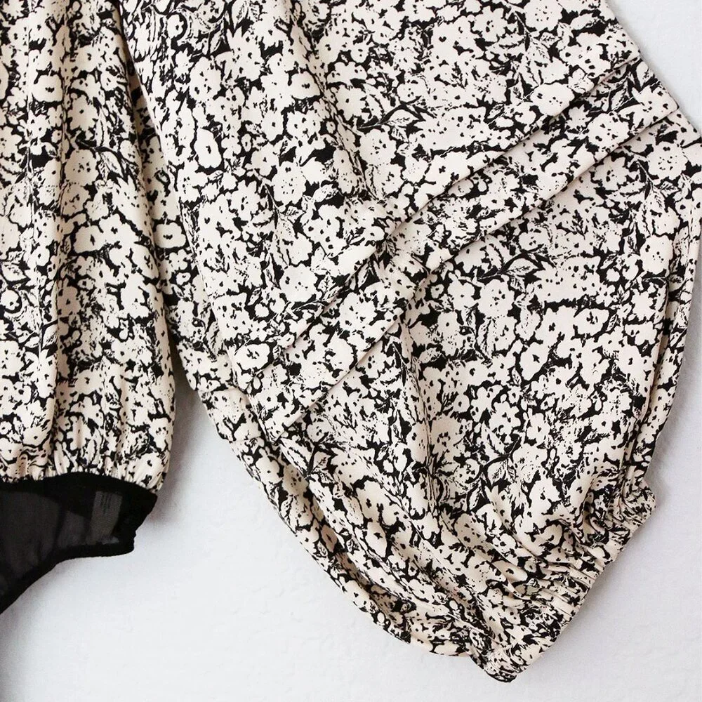 Free People FP Intimately All Tucks Printed Bodysuit XS Long Balloon Sleeves $78